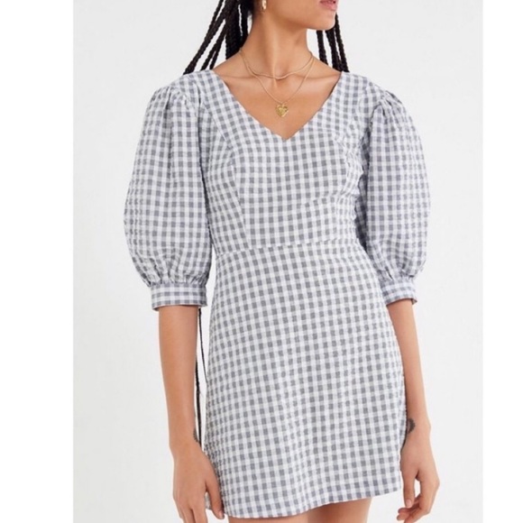 Urban Outfitters Lena Gingham Puff Sleeve Mini Dress in Blue - Picture 2 of 12